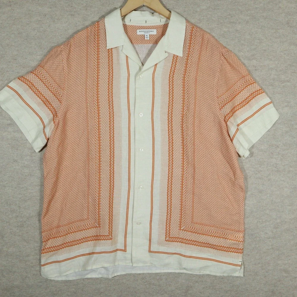 Banana Republic Shirt XL Orange Print Linen Modern Camp Collar 646099